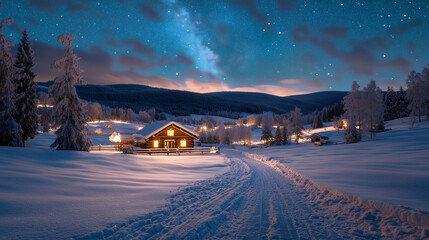 Snowy cabin house in winter landscape under starry night sky with glowing lights