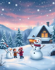 Obraz premium Winter Wonderland: Children Playing with Snowmen near a Cozy Cabin under a Starry Sky