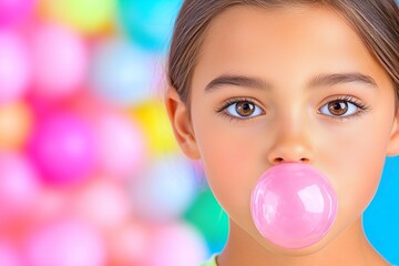 Naklejka premium Close-up of a young man inflating a large bubble with pink chewing gum, against a colourful background. Generative AI