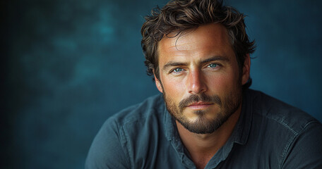 Fototapeta premium Close-up portrait of a handsome Caucasian man with a beard and wavy hair, set against a deep blue backdrop. His intense gaze commands attention.