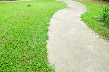 Garden landscape design with pathway in garden and footpath in picturesque summer park and staircase in backyard,Paving stones on floor in park,space for text.