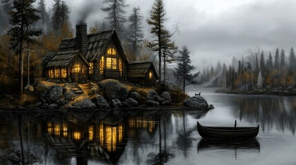 Obraz premium Cozy cabin lights beside lake with rowboat.