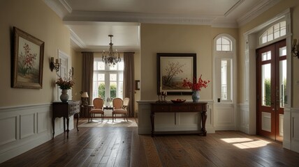 Fototapeta premium Elegant, spacious foyer with hardwood floors, light beige walls, and classic furniture.