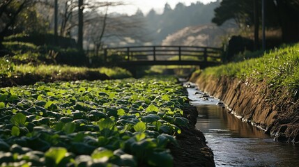 Lush green plants grow alongside a tranquil stream, a wooden bridge in the background.