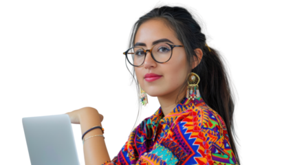 Mexican young female Employee IT specialist sit at work with laptop on white background