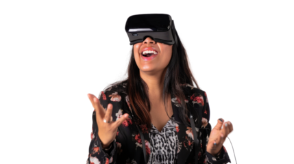 Mexican young business woman watching vr glasses laughing and gesturing with hand on white background