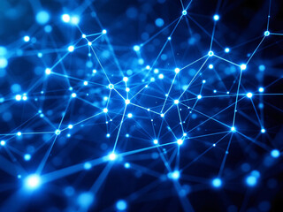 Fototapeta premium Network, Connections, Blue, Glowing, Dots, Lines, Nodes, Digital, Technology, Web, Internet, Data, Communication, Futuristic, Abstract, Cyberspace, Neon, Bright, Dark Background, High-Tech, Modern, 