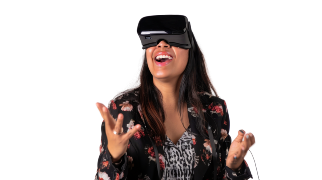 Mexican young business woman watching vr glasses laughing and gesturing with hand on white background