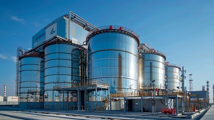 Obraz premium Modern Industrial Chemical Plant with Large Reflective Storage Tanks