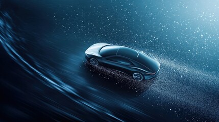 Naklejka premium Futuristic electric car speeding, particles trail.