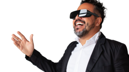 Mexican young business man watching vr glasses laughing and gesturing with hand on white background
