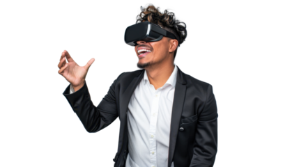 Mexican young business man watching vr glasses laughing and gesturing with hand on white background