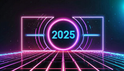 "A futuristic abstract background with geometric shapes, neon gradients, and digital numbers counting down to 2025. The design incorporates glowing lines, metallic textures, and holographic elements f