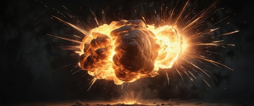 a raging fireball explodes in a burst of flames and sparks on a dark background, sparks, pyromania