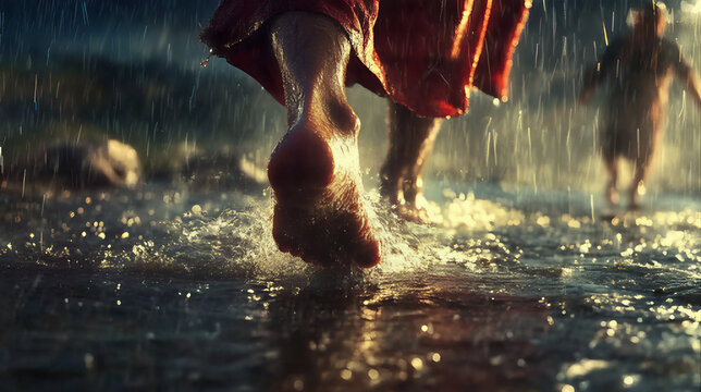 Miracle performed by Jesus walking on water, sea of Galilee on the evening in the autumn of 28AD during a thunderstorm to meeting his disciples on the boat with peter walking to meet Jesus.