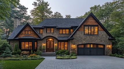 A charming stone house with warm lights, surrounded by greenery and a welcoming pathway.