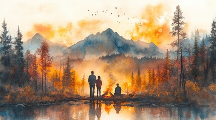 A serene watercolor scene of a family by a campfire, surrounded by mountains and trees.