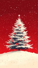 A Snowy Christmas Eve Night with a Decorated Fir Tree.