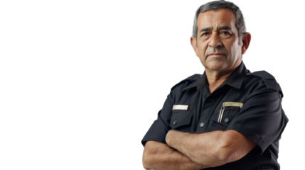Mexican senior male security guard uniform, confident and arms crossed on white background


