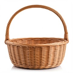 isolate basket on white background, An empty isolated woven basket, made of natural fibers, on a pure white background