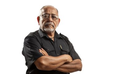 Mexican senior male security guard uniform, confident and arms crossed on white background



