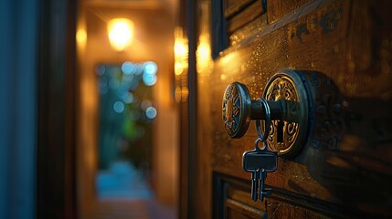 Obraz premium Antique Key in Ornate Door Lock at Night, Warm Interior Lighting