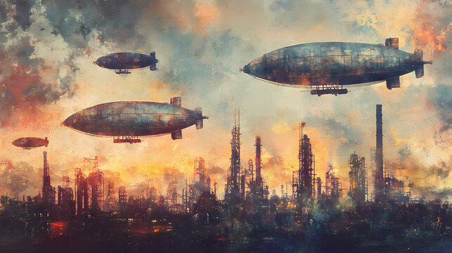 Cargo zeppelins dirigible freight convoys and advanced lighter than air technology soaring over an expansive oil painted raygun gothic inspired industrial landscape at dusk. Zeppelin. Illustration