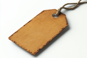 Blank kraft paper tag hanging by a twine string ready for customization in a crafting project or for personal labeling purposes