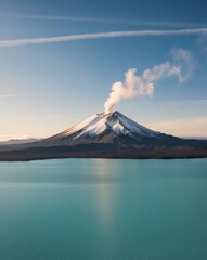 Fototapeta premium Majestic Aerial View of Active Volcano with Steam and Blue Water