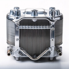 Fototapeta premium A large, rectangular, silver heat exchanger with a series of fins and pipes, photographed against a light gray background
