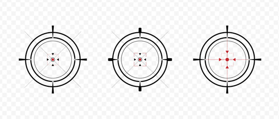 Target and aim icon. Aim gun. Red Crosshair. Shooting of firearms. Precisely target. Successfully target. 8x, 6x, 4x, 2x, scope