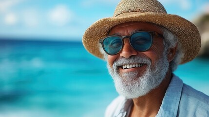 Senior man smiles warmly at the beach with blue ocean waves in the background during a sunny day in a tropical location
