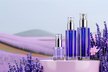 Blue cosmetic bottles on a podium surrounded by lavender flowers with a lavender field background. Beauty product mockup for skincare, wellness, and branding design

