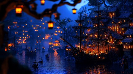 Obraz premium Night harbor scene with illuminated boats and buildings.