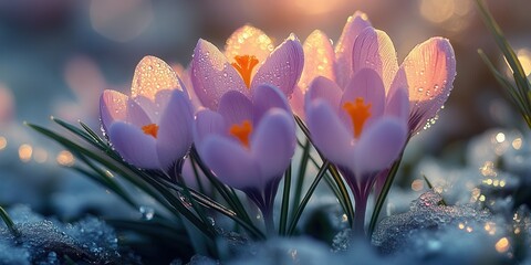 Delicate crocus flowers bloom amongst melting snow in early spring light as droplets add a touch of...