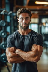Fototapeta premium Muscular man posing confidently in a gym with workout equipment in the background during daylight hours
