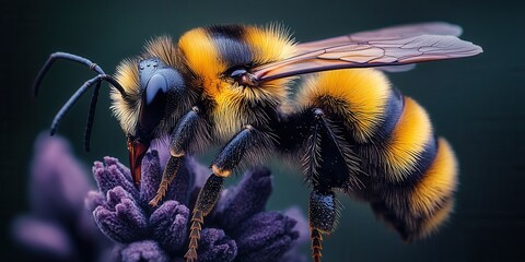 Close-up view of a bumblebee collecting nectar from a purple flower during a sunny day in a vibrant garden filled with blooms and lush greenery