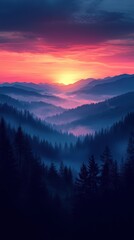 Obraz premium A stunning sunset over misty mountains, creating a serene and tranquil atmosphere.