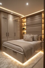 Fototapeta premium Modern bedroom with built-in wardrobe, headboard, and LED lighting.