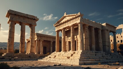 Obraz premium Ancient temple ruins bathed in golden sunlight, showcasing weathered stone columns and a grand structure.