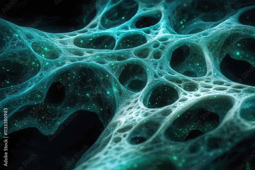 Wall mural abstract teal network, intricate web-like structure with glowing particles, resembling a complex bio