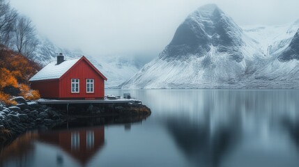 Stunning red cabin by a tranquil lake surrounded by snowy mountains during a misty afternoon in a serene landscape