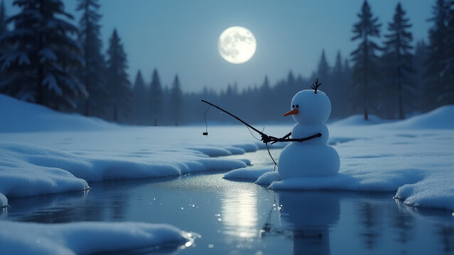 Ein Schneemann sitzt an einem zugefrorenen Teich und h&auml;lt eine Angelrute