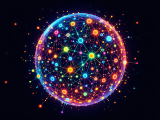 Network, Connections, Globe, Sphere, Nodes, Digital, Technology, Global, Internet, Web, Data, Communication, Lines, Dots, Glowing, Blue, Orange, Bright, Dark, High-Tech, Modern, Innovation, Virtual, I