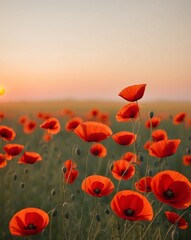 Fototapeta premium Field of bright red poppies bathed in warm sunset glow