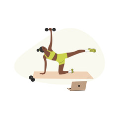 Slim girl with dumbbells doing online workout. African American woman doing exercises online. Online fitness concept. Vector illustration