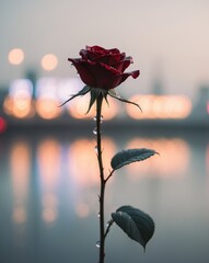 A Single Red Rose with Dew Drops in Front of Blurred Lights