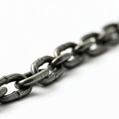 Obraz premium A close-up of a metal chain, isolated against a white background. The chain is linked together in a series of interlocking loops. chain with padlock isolated on white 