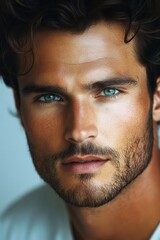 Obraz premium Captivating close-up of a handsome man with striking blue eyes and a well-defined beard showcasing strong facial features and a confident expression