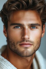 Obraz premium Young man with captivating blue eyes and tousled hair posing against a neutral background, showcasing a confident expression and a casual, stylish look